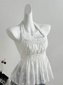 Sweetra Áo kiểu nữ cổ vuông khoét rỗng, chất liệu jacquard, dáng ôm, vạt xòe nhẹ, thiết kế hở lưng thanh lịch, đa năng, thích hợp cho mùa xuân/hè. - trắng - Xem 8