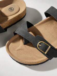 Solecia Casual Cork Sole Adjustable Buckle Sandals For Ladies - Black - View 5