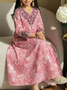 Tween Girls Pink Dress, Made Of Soft Fabric For Comfortable Wear. The Dress Body Is In Soft Pink Tone, With White Ruffle Trim On The Shoulders Decorated With Pink Flowers, Adding A Touch. The Dress Also Features Cute Doll Print Pattern, Giving A Playful Vibe. This Lightweight Dress Is Perfect For Spring/Summer Occasions Like Parties And Outingsرمضان Ramadanفستان العيدجلابيات Abaya - Multicolor - View 1