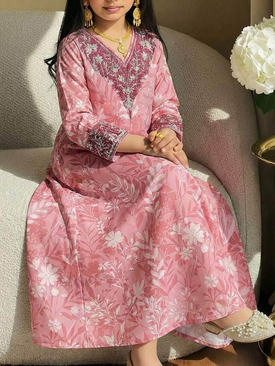 Tween Girls Pink Dress, Made Of Soft Fabric For Comfortable Wear. The Dress Body Is In Soft Pink Tone, With White Ruffle Trim On The Shoulders Decorated With Pink Flowers, Adding A Touch. The Dress Also Features Cute Doll Print Pattern, Giving A Playful Vibe. This Lightweight Dress Is Perfect For Spring/Summer Occasions Like Parties And Outingsرمضان Ramadanفستان العيدجلابيات Abaya - Multicolor - View 1