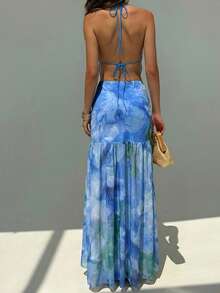 Vestido con estampado floral romántico con tirantes de espagueti y espalda abierta, adecuado para citas, vacaciones, primavera/verano - Azul - Ver 2