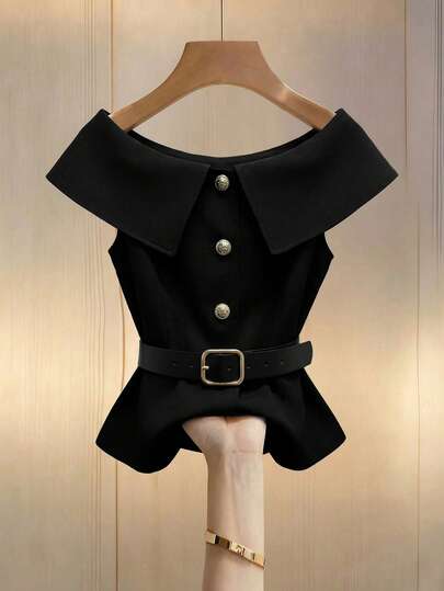 Rafferiza Women's Off-Shoulder Solid Color Button Casual Versatile Daily Wear Top