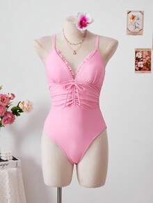 Bellisia 女士纯色V领荷叶边修身连体泳衣，带网纱荷叶边裙摆，两件套，春夏款 - 粉色 - 查看 4