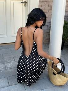 SHEIN EZwear 黑色波点吊带迷你连衣裙 - 黑色 - 查看 2