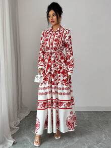 Elenzga 女士新款时尚优雅度假波西米亚风印花立领腰带A字长袖连衣裙，适合通勤、圣诞节、新年、街头风、法式浪漫、休闲、中东复古、下午茶、派对、感恩节、返校季、秋冬季等场合。 - 紅白色 - 查看 5