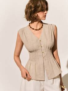 Poéselle Women's Pintucked Blend Peplum Vest Top , Sleeveless V-Neck Button-Down Summer Top, Peplum Top, Sleeveless Button Down, Neutral Summer, Quiet Luxury Fashion, Linen Top, Coastal Grandma Style Sleeveless Slimming Linen-Like Top For Women - Khaki - View 4