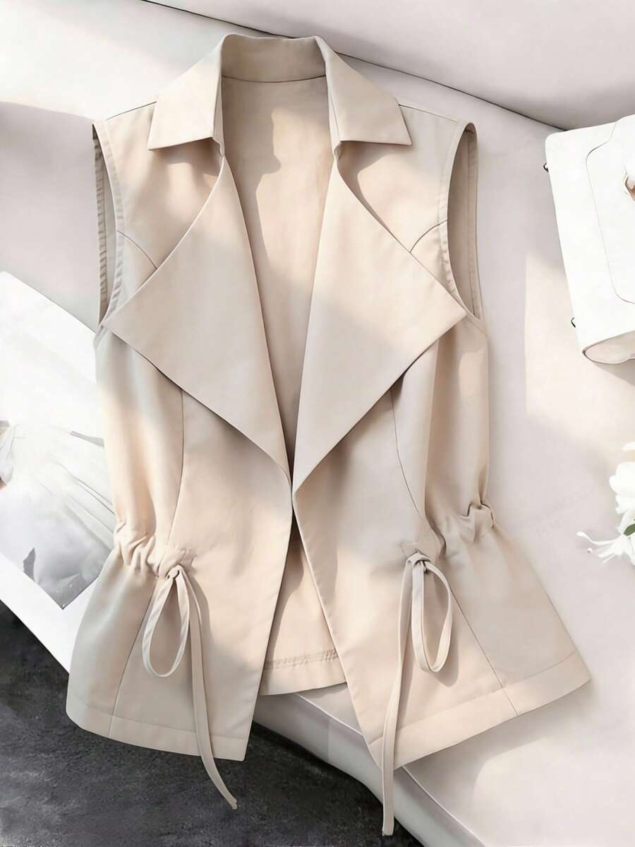 Écloséra Women's Solid Color Drawstring Waist Sleeveless Trench Coat - Khaki - View 1