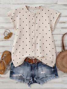 Franclia 女士休闲波点印花亚麻质感面料荷叶边领蝙蝠袖荷叶边短袖纽扣衬衫上衣，时尚休闲，通勤日常穿着，百搭优雅都市风，春夏穿着，乡村音乐节 - 彩色 - 查看 4