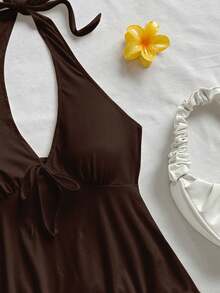 Soleia Áo ngủ nữ kiểu babydoll cổ chữ V buộc nơ, hở lưng, thích hợp cho kỳ nghỉ hè. - màu nâu - Xem 4