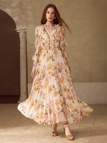 MOTF PREMIUM WOMEN'S ELEGANT PLEATED RUFFLE TRIM MIDI DRESS, SPRING/SUMMER - Apricot - View 4