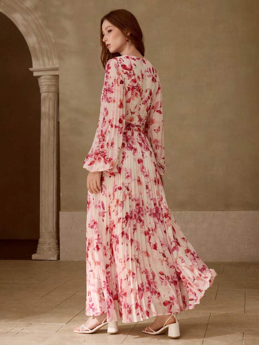 MOTF PREMIUM WOMEN'S LONG SLEEVE PLEATED ROMANTIC ELEGANT PRINTED MAXI DRESS, SPRING/SUMMER - Multicolor - View 2