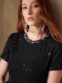 MOTF PREMIUM WOMEN'S TEXTURED KNIT JACQUARD FABRIC ROUND NECK EMBELLISHED ELASTIC T-SHIRT, SPRING/SUMMER - Black - View 6