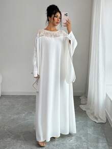 Rafferiza Women's White Solid Color Flat Fabric Patchwork Jacquard Contrast Color Loose Long Sleeve Round Neck Casual Commuter Robe - White - View 3
