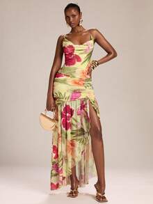 SHEIN BAE Women's Yellow Tropical Floral Draped Neck Backless Tie Dress, Floral Dress, Vacation Dress, Spring/Summer Resort Wear Hawaii Dress Luau Dress Tropical Dresses Vacation Garden Party Formal Dress Dinner Dresses For Vacation Floral Formal Dress Birthday Dress Sexy Summer - Yellow - View 4