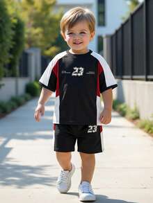 SHEIN 2pcs/Set Young Boy Casual Minimalist, Fashionable Classic, Y2K, Letter Print, Contrast Color, Style, Number 23, Sporty Vibe Loose Fit Comfortable Round Neck Short Sleeve T-Shirt And Shorts Set, Suitable For Spring/Summer - Multicolor - View 1