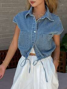 Livesso Spring & Summer Loose Business Casual Fashion Office Wear Textured Plaid Waist Tie Sleeveless Jacket Lightweight Outdoor Denim Vest For Women - Medium Wash - View 1