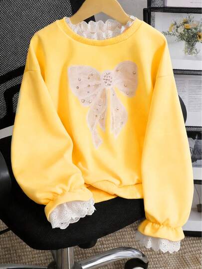 SHEIN Genkimix Kids Girls' Casual Korean Style Lace Patchwork Embroidered Collar Flare Sleeve Sweatshirt, Suitable For Outings, School, And Commuting Long Sleeve Sweatshirt Girls Clothes Yellow Cute Sweatshirt