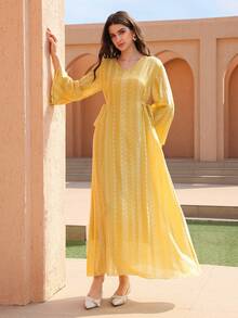 Graceveil V-Neck Jacquard Bubble Textured Asymmetric Sleeve Tie Side Yellow Dress - Yellow - View 5