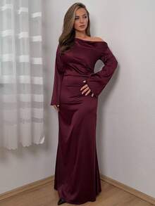 Jeta Ari Vestido de fiesta de tafetán de alta calidad con hombro asimétrico, manga abullonada, cintura ceñida y falda de sirena, ideal para el Día de San Valentín - Granate - Ver 4