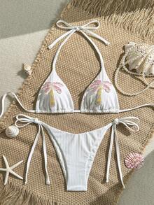 Bộ bikini hai mảnh Swim Mod màu trơn, kiểu cổ yếm, tam giác và quần bơi buộc dây bên hông, gợi cảm, thích hợp cho mùa xuân/hè, phong cách Boho, đi nghỉ mát, họa tiết cây cọ, hai mảnh, đi biển, bikini nhiệt đới, bikini phong cách Boho, bikini vỏ sò, bikini hoa, bikini sao biển. - trắng - Xem 3