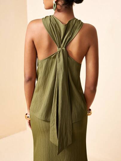 Zivah 2026 Spring/Summer New Hot Selling Casual Vacation Boho Loose Mustard Yellow Textured Fabric Sleeveless Back-Tie Tank Top + Long Skirt Women Two Pieces Set.Suitable For Everyday Wear, Vacations, Travel, Beach, Western, Nomadic, Festivals, Airport Outfits, Wedding Guest Attire,Commute-A