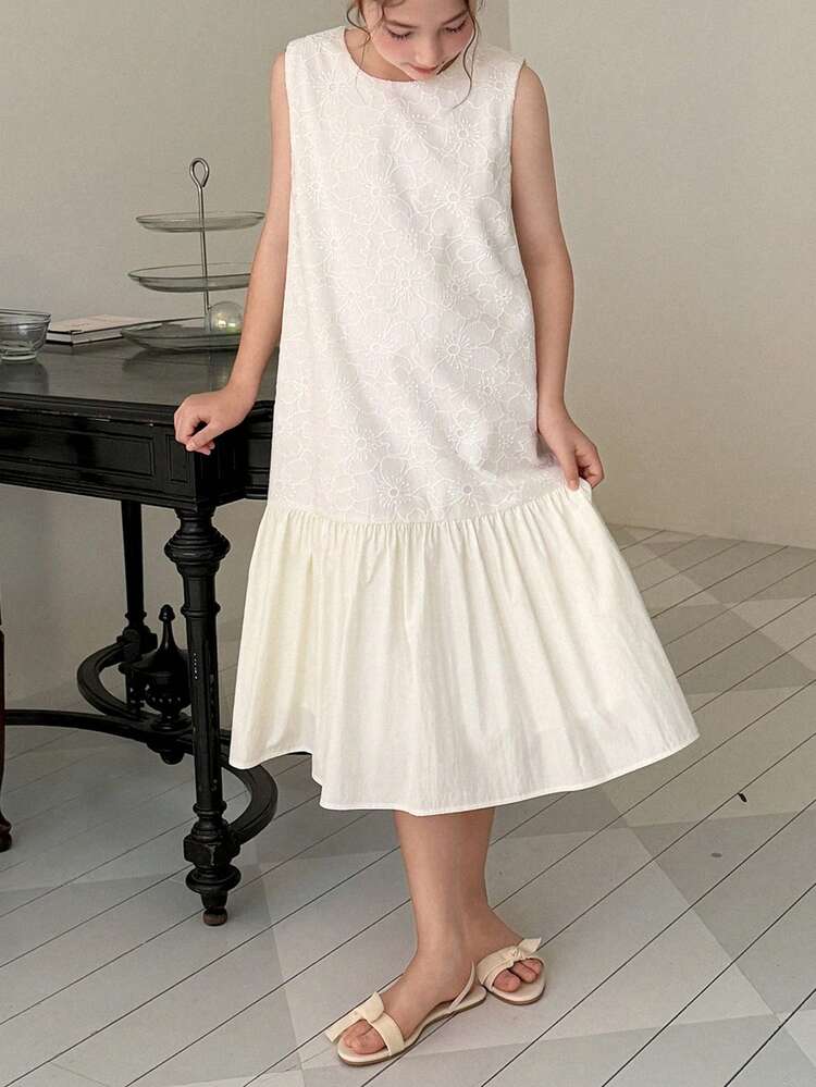 Tween Girl Round Neck Solid Color Ruffle Hem Sleeveless Dress Summer