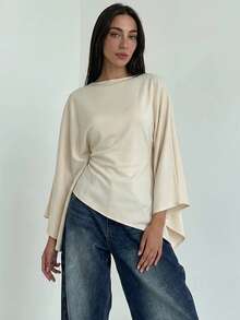 Aloruh Boat Neck Voluminous Sleeve Cinched Waist Commuter Shirt - Apricot - View 4