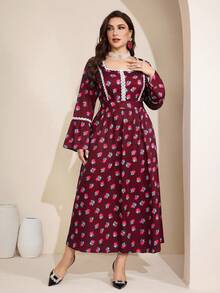 Al Najma Plus Size Women Floral Print Square Neck Flare Sleeve Elegant Arabic Style Dress - Burgundy - View 2