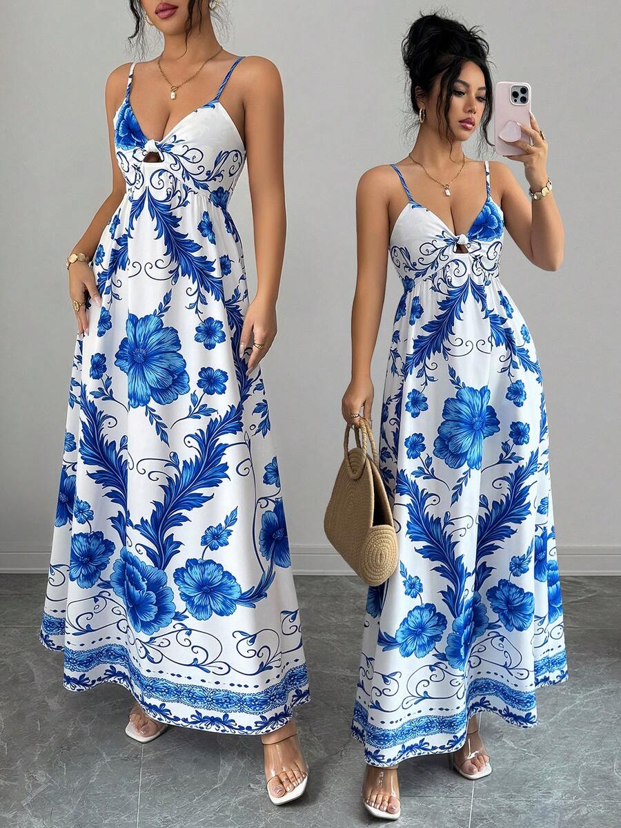 Elenzga Spaghetti Strap Deep V-Neck Twist Design Flared Dress, Blue, Vacation/Bohemian Style - Blue and White - View 1