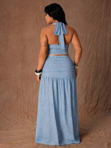 Rustia Bộ đồ nữ cỡ lớn gồm áo tank top cổ yếm chấm bi và chân váy xếp ly eo, phong cách Pháp cổ điển, thích hợp cho kỳ nghỉ hè ở bãi biển. - Màu xanh nhạt - Xem 2