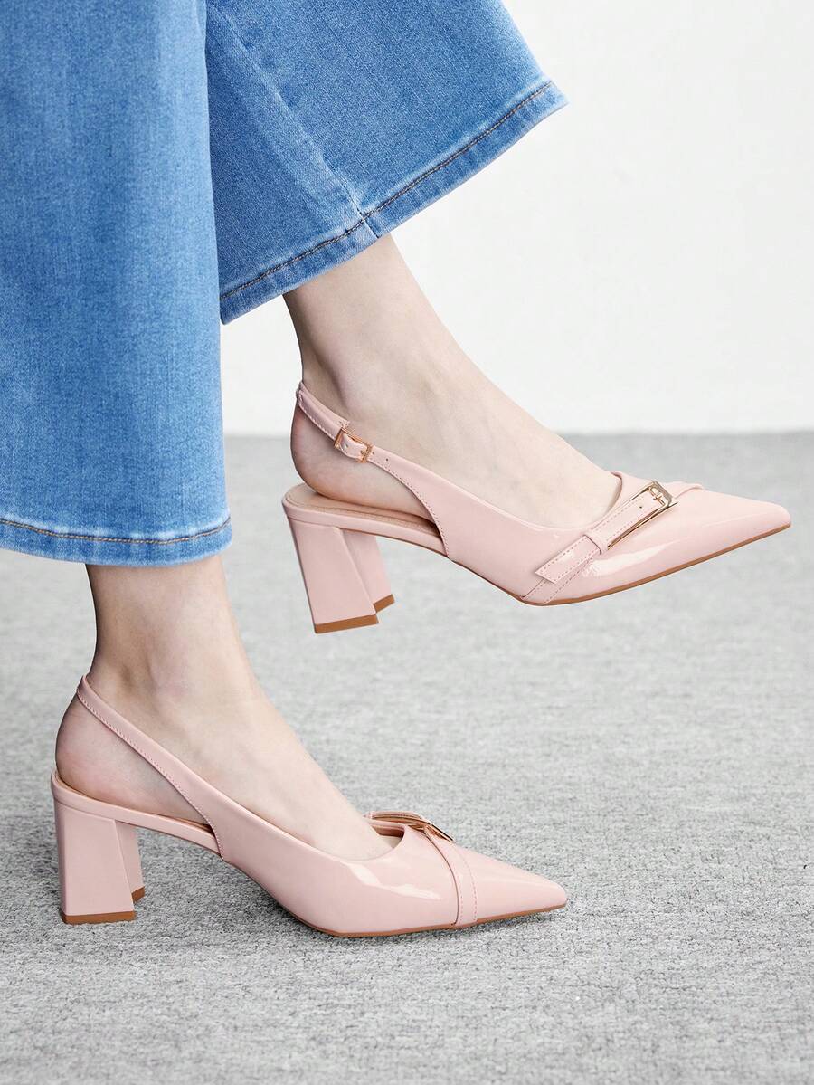 CUCCOO BIZCHIC New Pointed Toe Chunky Heel Pumps For Women, Bowknot Color Block Rivets Closed Toe Fashion High Heels Spring Shoes Spring Break Easter For Christmas Spring Shoes - Light pink. - View 1
