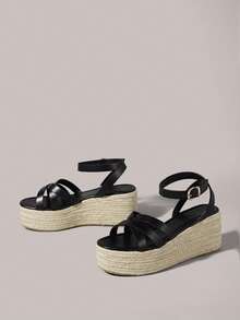 Styleloop 女士草编绳交叉绑带高跟圆头凉鞋 - 黑色 - 查看 2