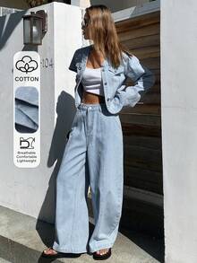 DAZY Women's Casual V-Neck Top And Flared Jeans Pants Suit - Medium Wash - View 1