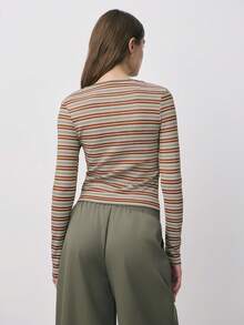 Nöista Long-Sleeve Striped Top Features A Unique Keyhole Neckline With Contrast Trim, For Stylish Everyday Wear, Summer, Spring. - Brown - View 2