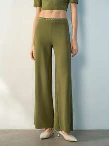 Maija Bộ đồ nữ phong cách thường ngày, thoải mái, thích hợp đi nghỉ mát, gồm áo crop top xếp ly cổ lệch và quần ống rộng, họa tiết hình học, đính đinh tán, thích hợp cho mùa xuân/hè. - xanh quân đội - Xem 3