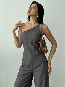 Firerie 春夏新款优雅杏色亚麻不对称下摆褶皱腰部露背吊带背心和高腰长裤两件套亚麻套装 - 深灰色 - 查看 3