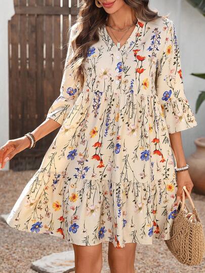 Breezaya Women's Ditsy Floral V-Neck Loose Short Sleeve Ruffled Hem Casual Bohemian Dress, Suitable For Festivals, Holidays, Travel, Summer & Spring