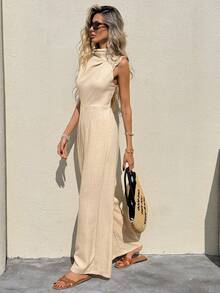 Serisse Women's Elegant Drape Collar Contrast Lace Sleeveless Wide Leg Jumpsuit, Suitable For Daily Commute, Spring/Summer - Apricot - View 4