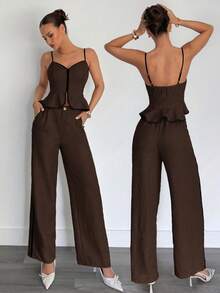 Siren Gaze 女士撞色滚边吊带背心和裤子套装，女士夏季吊带两件套 - 咖啡棕 - 查看 1