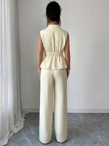 SHEIN Elenzya 优雅浪漫的通勤/工作套装，弹力腰带A字型西装外套+裤装，浅黄色 - 鵝黃色 - 查看 2