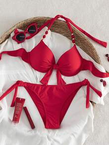 Swim Vcay Bộ bikini hai mảnh có gọng nâng ngực, kiểu cổ yếm, dành cho nữ, thích hợp cho kỳ nghỉ hè. Họa tiết ngẫu nhiên. - Đỏ - Xem 6