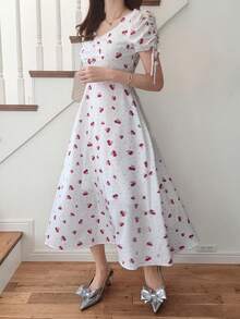 FRIFUL 女士樱花印花白色露肩抽绳蝴蝶结喇叭连衣裙，修身收腰，百搭婚礼宾客礼服，女士长款连衣裙 - 白色 - 查看 5