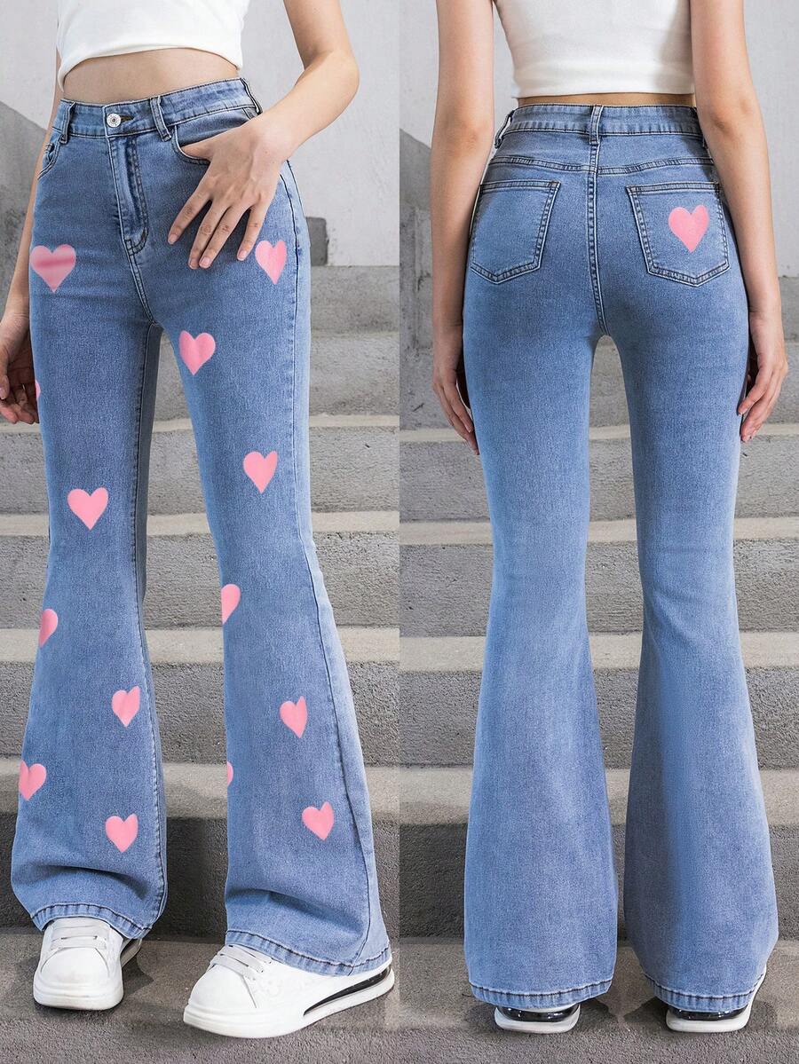 SHEIN ChillGRL Teen Girls Y2K Style Denim Jeans, Valentine's Day Heart Element, New Arrival, Casual Fashionable Versatile, Suitable For Various Styles, Cute Rabbit Girl Print, Retro Medium Blue Wash, New Simple Versatile Blue Washed Flare Jeans - Light Wash - View 1