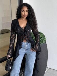 Alexandranx Glamine Spring & Summer Romantic Vacation Ruffled Elegant Lace See-Through Women's Long Thin Coat Western Wear Women Lace Coat Lace Women Halloween Lace Top Fall Winter Coat For Women, Christmas - Black - View 5