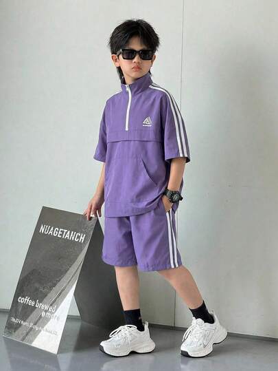 2pcs Kids/Tween Boys Casual Korean Letter Print Polo Collar Half-Zip Short Sleeve Top And Loose Shorts Knit Set, Suitable For School, Garden, Beach, Birthday, Spring, Summer, Autumn, Winter