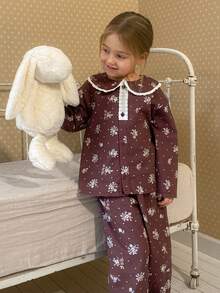 DAZY 女童碎花领长袖上衣和裤子睡衣套装 - 棕色 - 查看 1