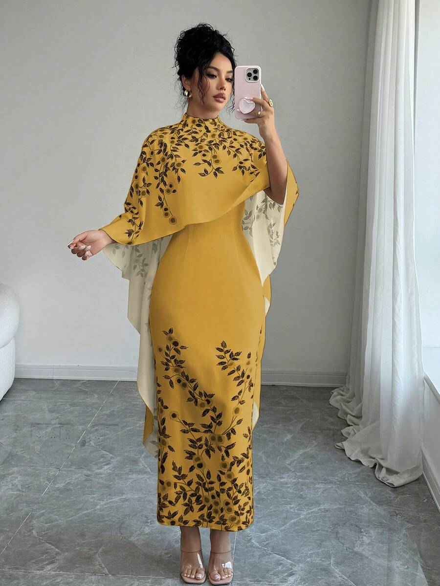 SHEIN Elenzya 优雅高领印花中长连衣裙,带披肩 - 橘色 - 查看 1