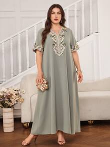 Al Najma Đầm dài kiểu Thổ Nhĩ Kỳ cỡ lớn, dáng rộng, thanh lịch, lãng mạn, viền ren thêu dành cho nữ. - màu xanh lá - Xem 7