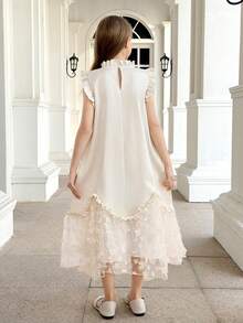 SHEIN Vestido elegante de fiesta y ocasión para niña preadolescente con cuello alto, volantes y parches de malla - Blanco - Ver 7