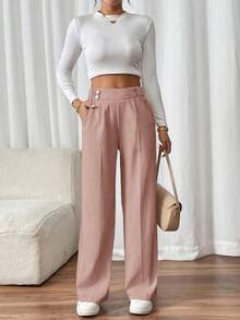 SHEIN Frenchy Women's Elegant Straight-Leg Pants With Double Buckle, Suitable For Commuting - Baby Pink - View 6